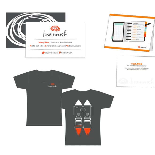 Brainrush collateral: business card, t-shirt, notecard